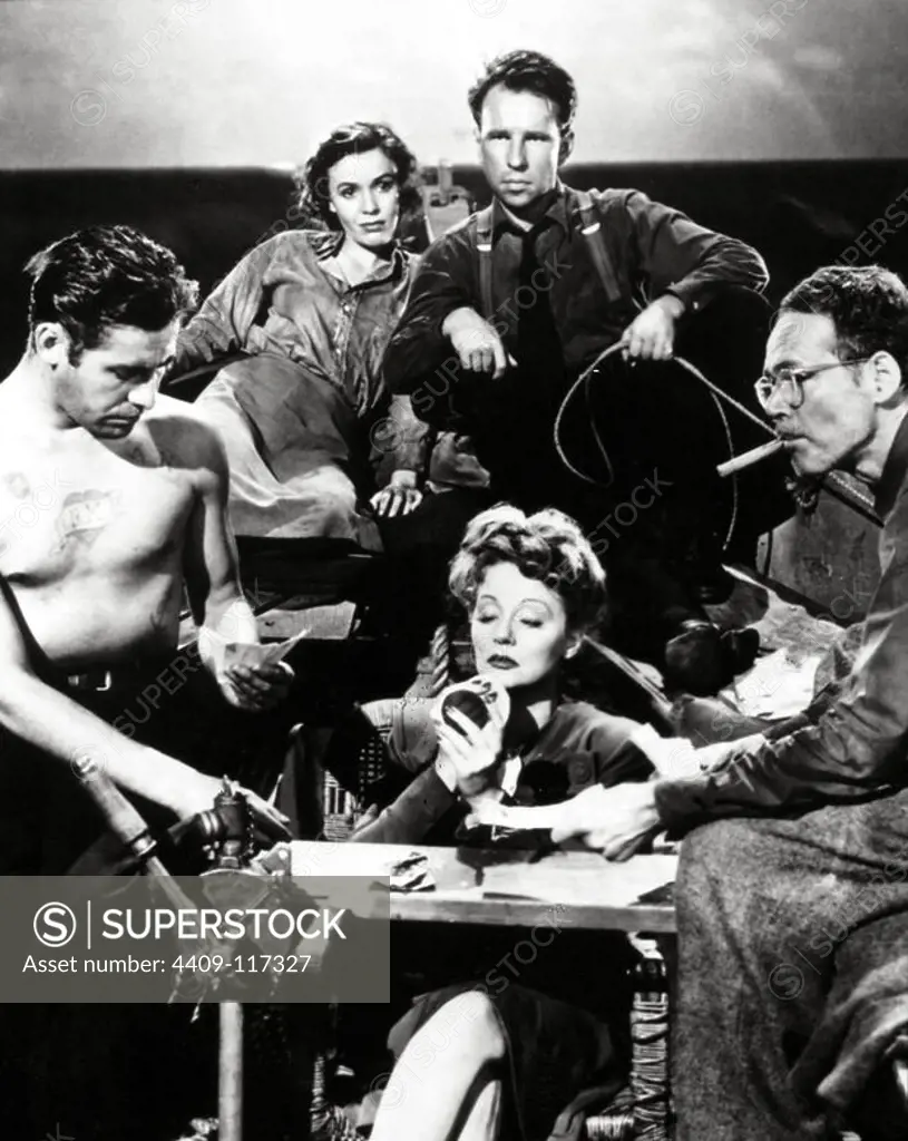 TALLULAH BANKHEAD, HUME CRONYN, JOHN HODIAK, HENRY HULL and MARY ANDERSON in LIFEBOAT (1944), directed by ALFRED HITCHCOCK.