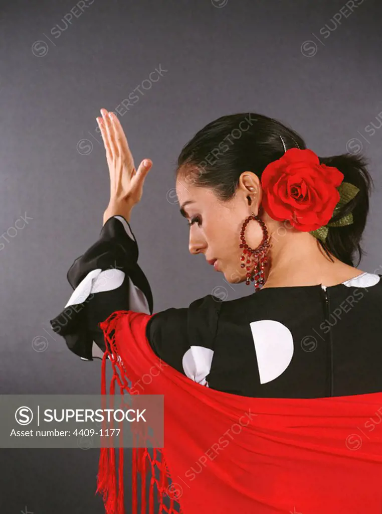 Flamenco dancer from behind in a dancing position.