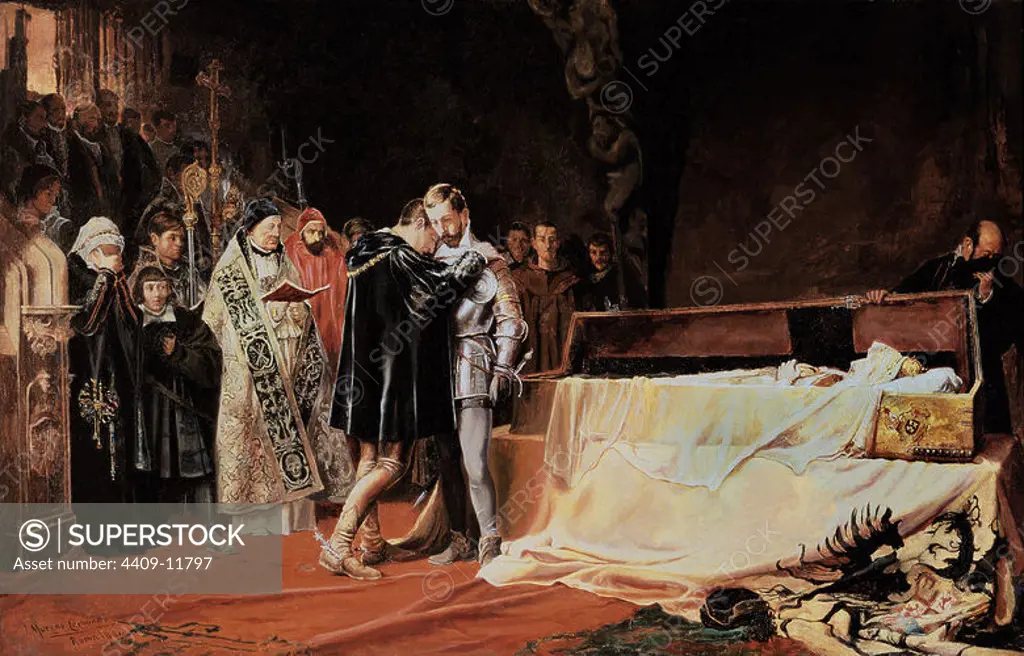 The Conversion of the Duke of Gandia - 1884 - oil on canvas - replica. Author: MORENO CARBONERO JOSE. Location: MUSEUM OF FINE ARTS. Malaga. ISABELLA VON PORTUGAL (1503-1539). DUQUE DE GANDIA. FRANZ VON BORGIA. FRANCISCO DE BORJA Y TRASTAMARA. BORJA Y TRASTAMARA FRANCISCO.