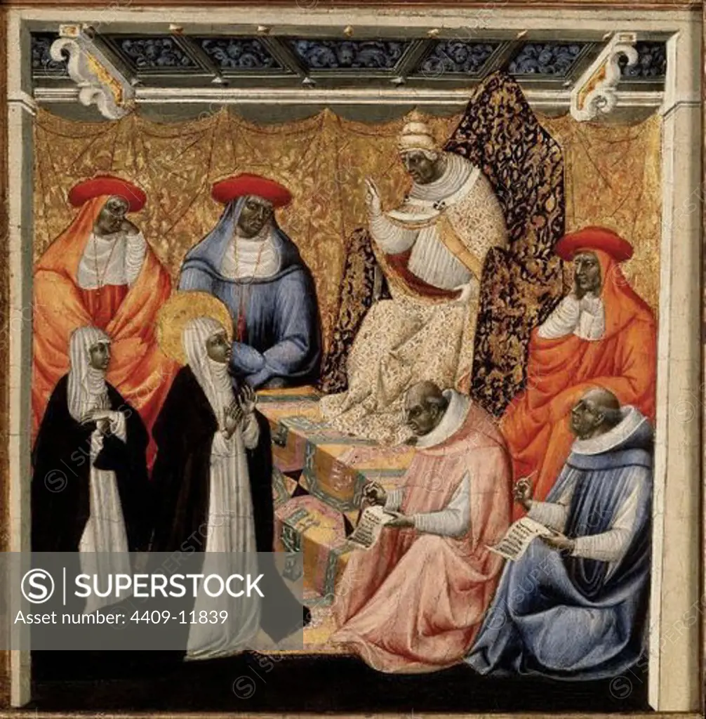 Sienese school. Saint Catherine in front of pope Gregory XI (pope from 1370 to 1370) in Avignon. c. 1460. Tempera on panel (29 x 29). Madrid, Thyssen-Bornemisza museum. Author: GIOVANNI DI PAOLO. Location: MUSEO THYSSEN-BORNEMISA, MADRID, SPAIN.