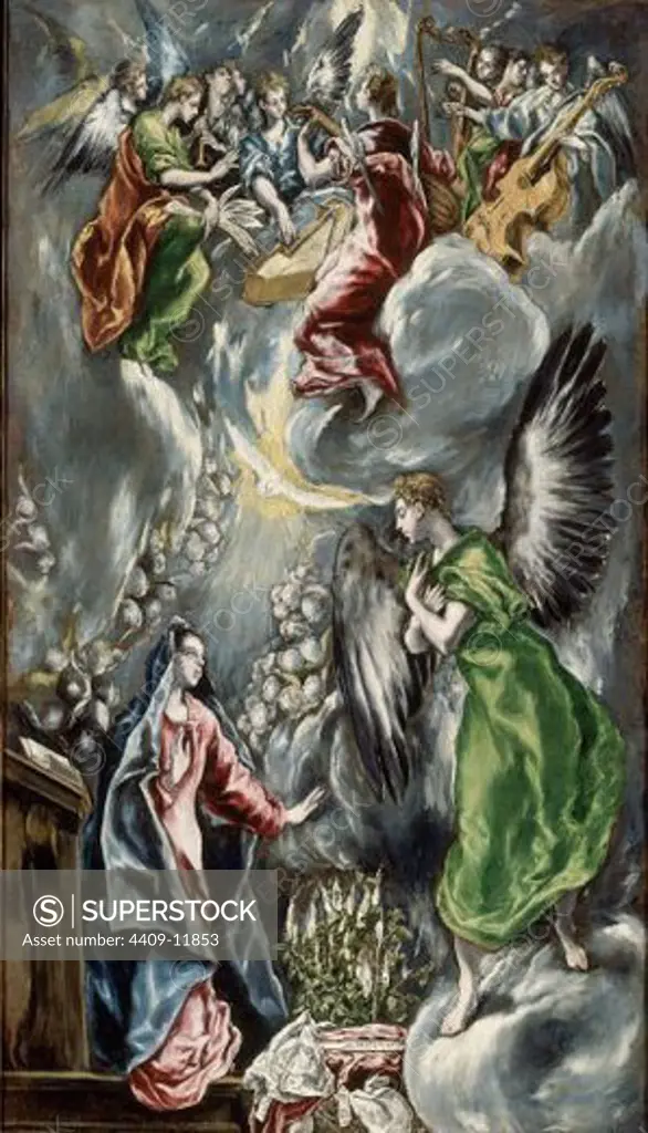 The Annunciation - 1596/1600 - 315x174 cm - oil on canvas - Spanish Mannerism - NP 3888. Author: EL GRECO. Location: MUSEO THYSSEN-BORNEMISA, MADRID, SPAIN. Also known as: ANUNCIACION; LA ANUNCIACION.