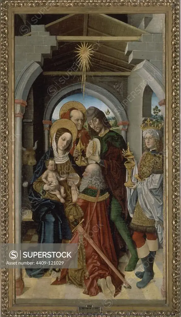 'Adoration of the Magi', ca. 1500, Spanish School, Panel, 214 cm x 109 cm, P01256. Author: MAESTRO DE LA SISLA. Location: MUSEO DEL PRADO-PINTURA. MADRID. SPAIN. CHILD JESUS. VIRGIN MARY. SAN JOSE ESPOSO DE LA VIRGEN MARIA. Melchor. Gaspar. BALTASAR.
