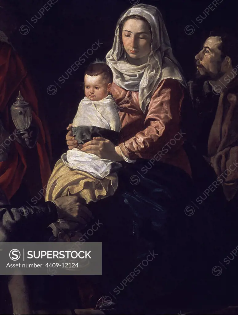 'Adoration of the Magi' (detail), 1619, Oil on canvas, P01166. Author: DIEGO VELAZQUEZ (1599-1660). Location: MUSEO DEL PRADO-PINTURA. MADRID. SPAIN. CHILD JESUS. VIRGIN MARY. SAN JOSE ESPOSO DE LA VIRGEN MARIA.