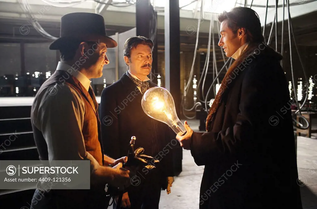 DAVID BOWIE, ANDY SERKIS and HUGH JACKMAN in THE PRESTIGE (2006), directed by CHRISTOPHER NOLAN.