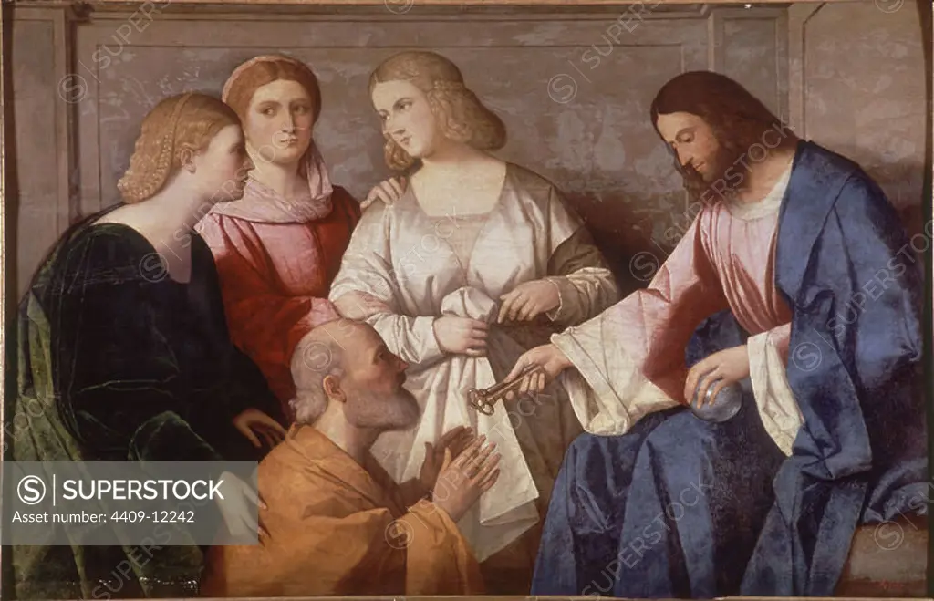 'Delivery of Keys to Saint Peter', ca. 1520, Italian School, Oil on panel, 86 cm x 135 cm, P00020. Author: VINCENZO CATENA. Location: MUSEO DEL PRADO-PINTURA. MADRID. SPAIN. JESUS. APOSTLE PETER.