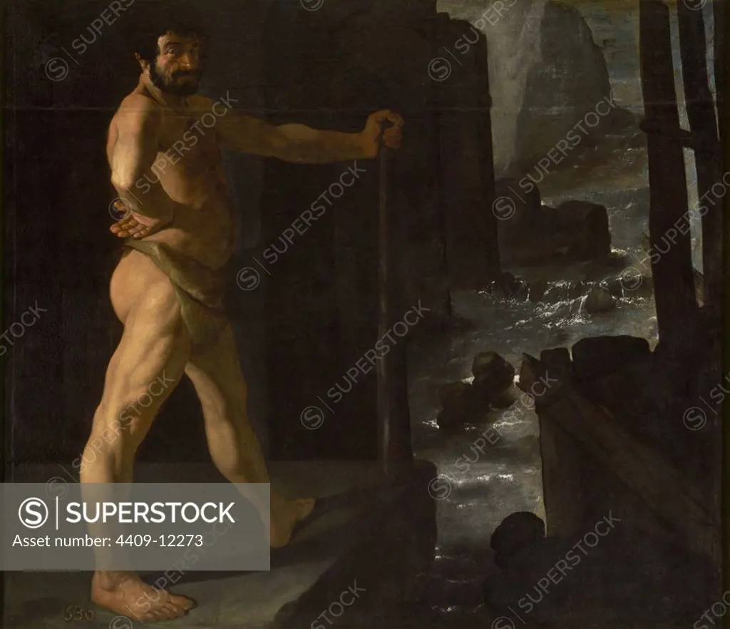 Spanish school. Hercules diverting the course of the Alpheus. Hercules detiene el curso del río Alfeo. 1634. Oil on canvas (133x153). Madrid, Prado museum. Author: FRANCISCO DE ZURBARAN. Location: MUSEO DEL PRADO-PINTURA. MADRID. SPAIN.