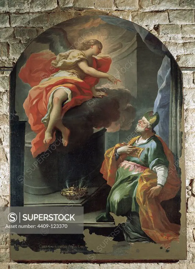 Andrea Miglionico (1663-1718). Italian painter. Annunciation to Saint Zacharias by the Archangel Gabriel of the birth of his son John the Baptist. Sant'Andrea de Conza. Church of Saint Michael.