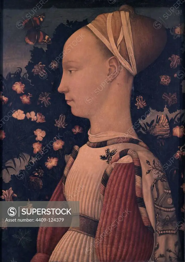 Portrait of Ginevra d'Este - 1443 - 43x30 cm - oil on panel. Author: PISANELLO. Location: LOUVRE MUSEUM-PAINTINGS. France. GINEBRA DE ESTE.