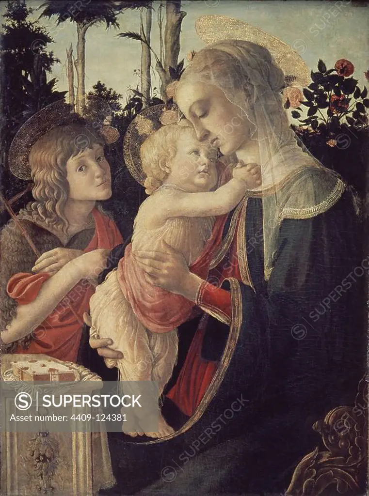 Madonna and Child with St. John the Baptist - 15th century - 90,7x67 cm - oil on panel - Italian Renaissance. Author: SANDRO BOTTICELLI. Location: LOUVRE MUSEUM-PAINTINGS. France. CHILD JESUS. VIRGIN MARY. SAN JUAN BAUTISTA NIÑO / SAN JUANITO.