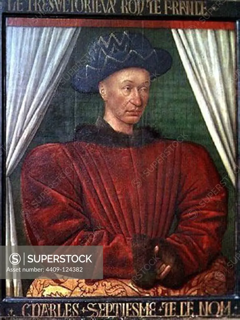 Portrait of Charles VII - ca. 1445/50 - 86x71 cm - oil on panel. Author: FOUQUET, JEAN. Location: LOUVRE MUSEUM-PAINTINGS, PARIS, FRANCE. Also known as: CARLOS VII.