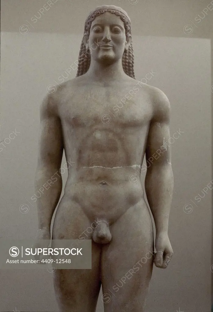 Statue of kouros (detail). Athens, national museum of archaeology. Location: MUSEO ARQUEOLOGICO-ESCULTURA. ATHENS. KOUROS DE ANAVISSOS / KOUROS DE KROISOS. KUROS DE ANAVISSOS / KUROS DE KROISOS.