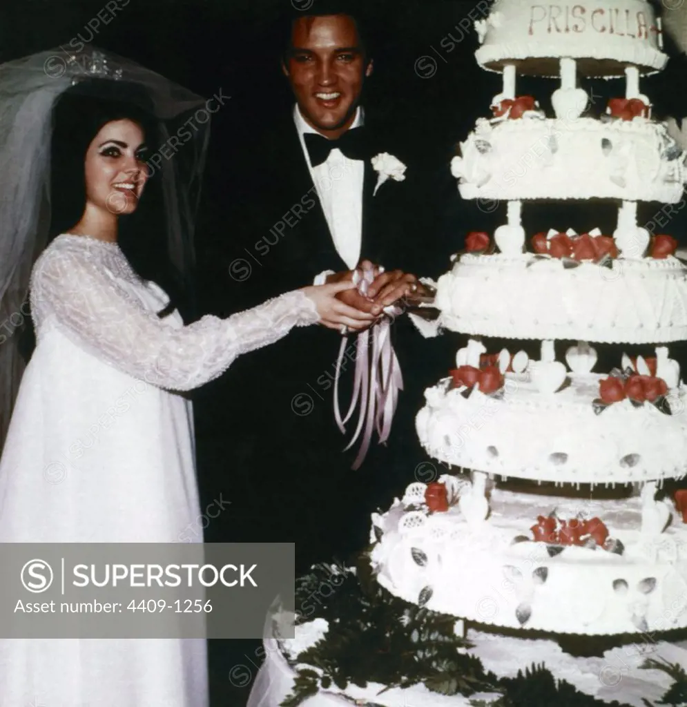 The American singer Elvis Presley at his wedding with Priscilla Presley in 1967.