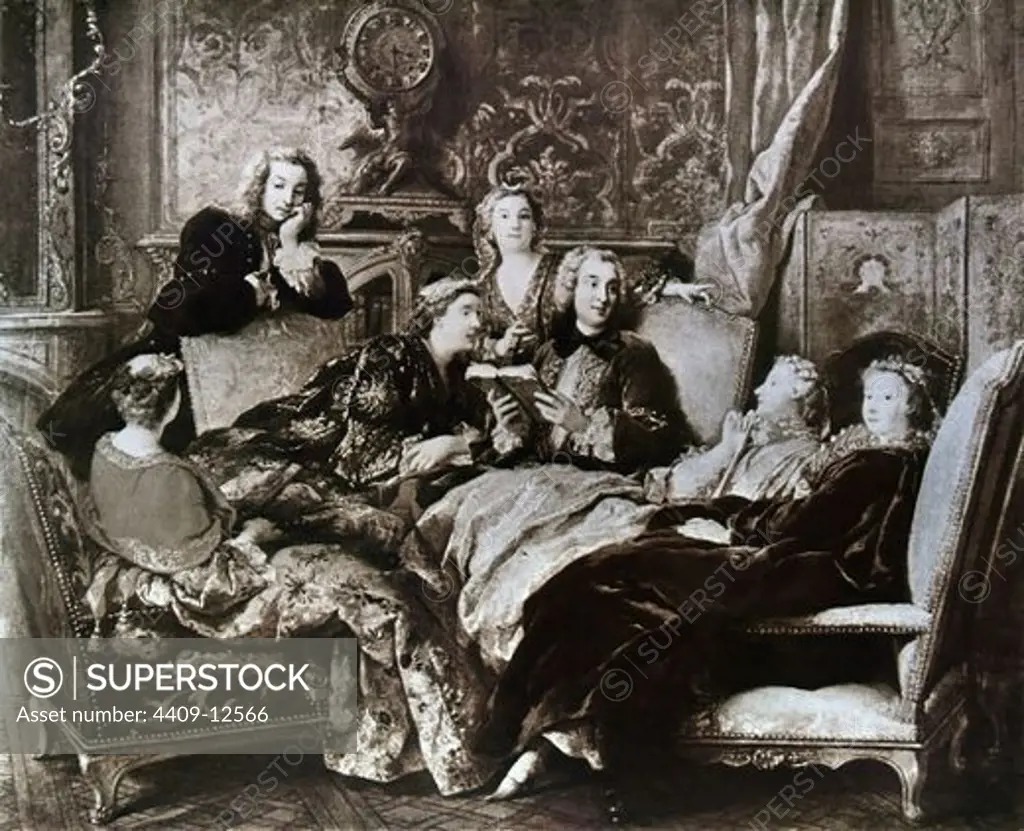 French school. Reading from Molière. c.1728. Oil on canvas (72 x 90 cm). Author: TROY, FRANCOIS DE. Location: PRIVATE COLLECTION, NACIÓN, ENGLAND.