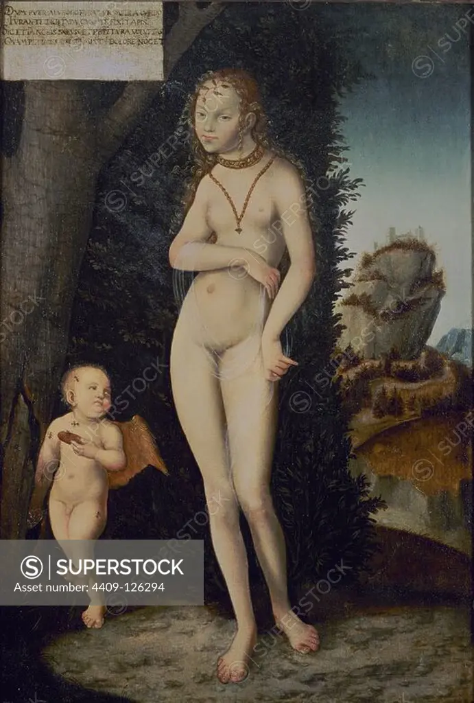 'Venus with Cupid the Honey Thief', 1527, Oil on panel, 83 x 58 cm. Author: LUCAS CRANACH EL VIEJO (1472/1553). Location: PRIVATE COLLECTION. CUPID. AMOR MITOLOGIA. VENUS DIOSA ROMANA.