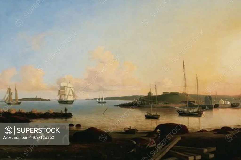 ARTE S. XIX. AMERICA. HUGH LANE, Fritz (1804-1865). Pintor norteamericano. "EL FUERTE Y LA ISLA DE TEN POUND, GLOUCESTER, MASSACHUSETTS". Oleo sobre tela. Tamaño: 50 x 75 cm. Año 1847.