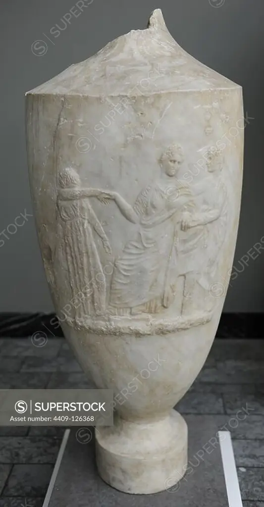 Funerary monument shaped oil bottle (lekythos) with reliefs depicting a goodbye with three women. From Athens. Ca. 330 BC. Ny Carlsberg Glyptotek Museum. Copenhagen. Denmark.