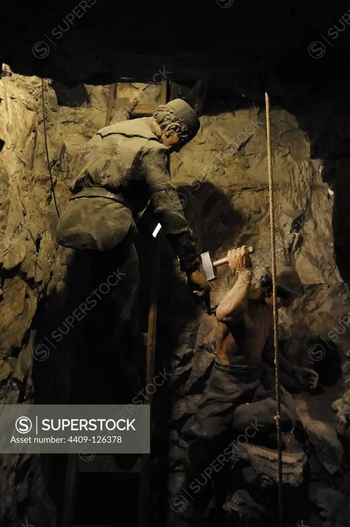 History. Mining. Shaft sinking by hand with hammer and wedge. Diorama. Deutsches Museum(Museum of Science and Technology) . Munich. Germany.