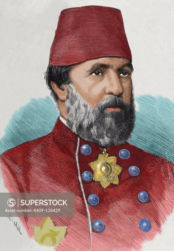 Augustus Charles Hobart-Hampden (1822 A_i_ 1886). Was an English naval captain and Ottoman admiral (hence widely known as Hobart Pasha). Engraving by A. Carretero. The Spanish and American illustration, 1887. Colored.