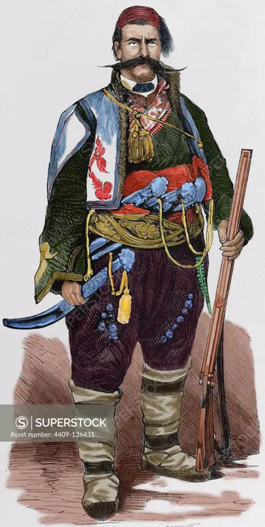 Panayot Ivanov Hitov (1830 A_i_ 1918). Was a Bulgarian hajduk, national revolutionary and voivode. Engraving. "The Spanish and American illustration", 1876. Colored.