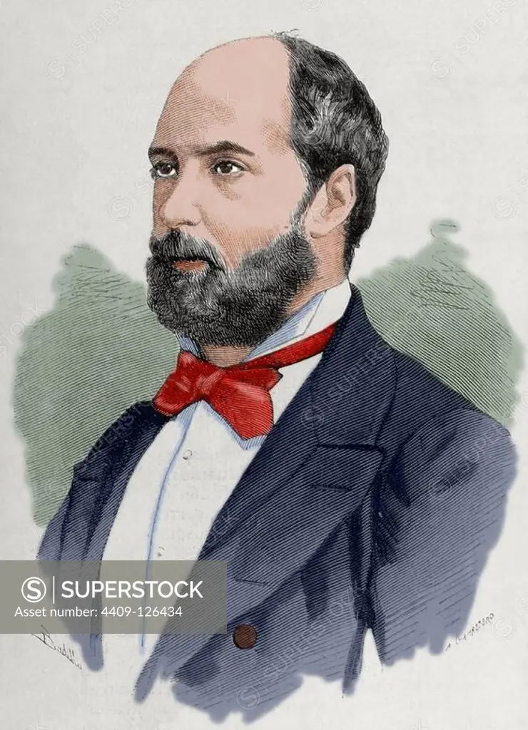 Vicente de la Hoz y Liniers (1831-1886). Catholic journalist and writer. Editor of the newspaper "La Fe". Deputy to the Cortes, 1872. Engraving by A. Carretero. The Spanish and American illustration, 1886. Colored.