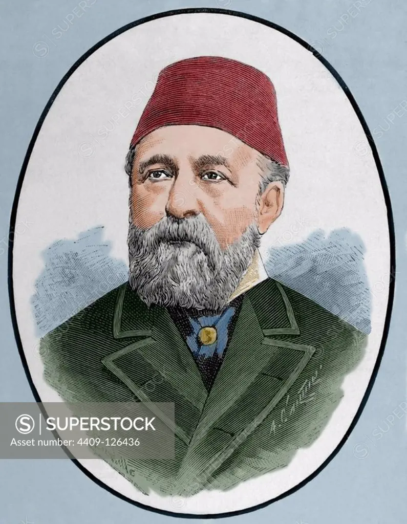 Hussein Sermed Affendi (1830-1886). Turkish diplomat. Engraving by Arturo Carretero y Sanchez (1852-1903). "The Spanish and American Illustration", 1886. Colored.