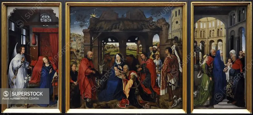Rogier van der Weyden or Roger de la Pasture (1399/1400 Ð 1464) was an Early Flemish painter. St Columba Altarpiece from Church of St Columba in Cologne. Oil on Oak Panel. 1455. Central panel: The Adoration of the Magi. Left panel: Annunciation. Right Panel: Presentation of Jesus in the Temple. Alte Pinakothek. Munich. Germany.