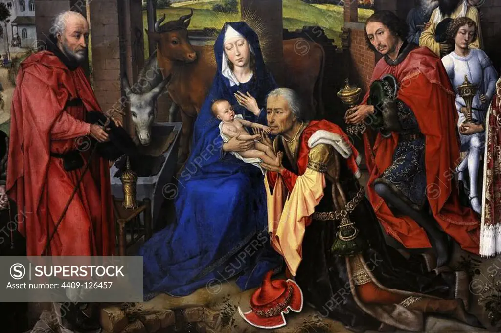 Rogier van der Weyden or Roger de la Pasture (1399/1400 Ð 1464) was an Early Flemish painter. St Columba Altarpiece from Church of St Columba in Cologne. Oil on Oak Panel. 1455. Central panel: The Adoration of the Magi. Alte Pinakothek. Munich. Germany.