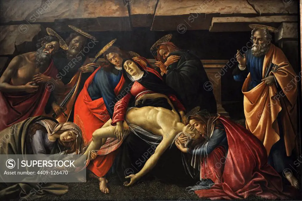 Sandro Botticelli (1445-1510), was an Italian painter of the Early Renaissance. The Lamentation over the Dead Christ. Inert body of Christ surrounded by the Virgin, St. Peter and Mary Magdalene, St. John the Evangelist, St. Jerome and St. Paul. Alte Pinakothek. Munich. Germany.