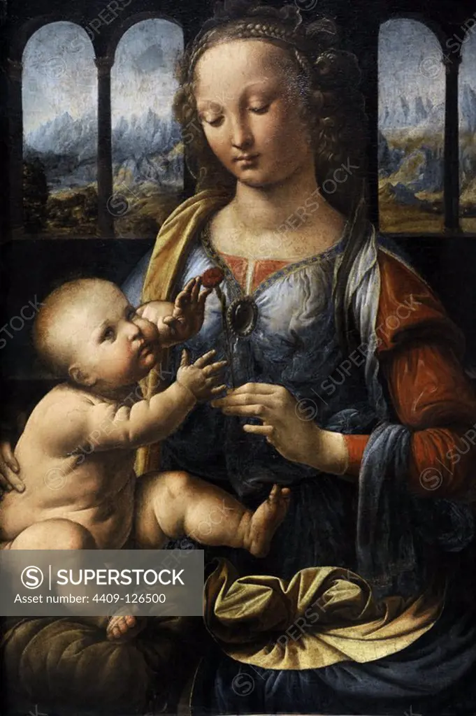 Leonardo da Vinci (1452 Ð 1519) was an Italian Renaissance polymath. The Madonna of the Carnation. 1478-1480. Virgin Mary is holding a carnation. Alte Pinakothek. Munich. Germany.