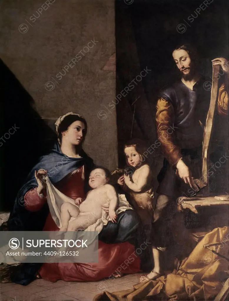 'The Holy Family', 1639, Oil on canvas, 196 x 253 cm. Author: JUSEPE DE RIBERA. Location: MUSEO HOSPITAL DE SANTA CRUZ. Toledo. SPAIN. CHILD JESUS. VIRGIN MARY. SAN JOSE ESPOSO DE LA VIRGEN MARIA. SAN JUAN BAUTISTA NIÑO / SAN JUANITO.