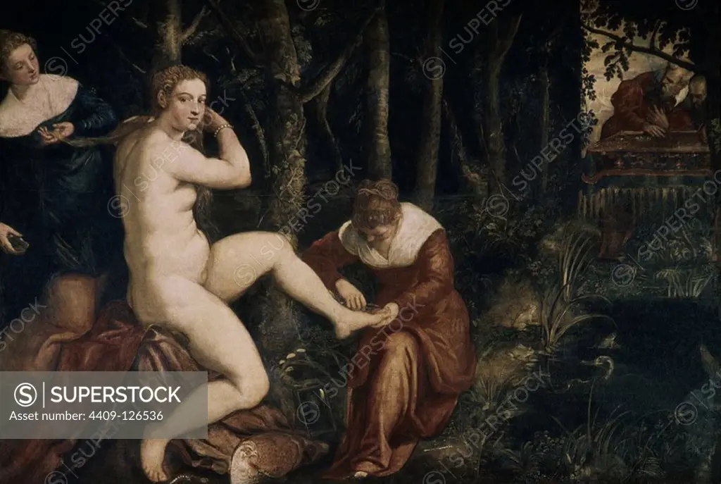 Susanna and the Elders - 17th century - 167x238 cm - oil on canvas. Author: JACOPO COMIN-JACOBO ROBUSTI-TINTORETTO. Location: LOUVRE MUSEUM-PAINTINGS. France.