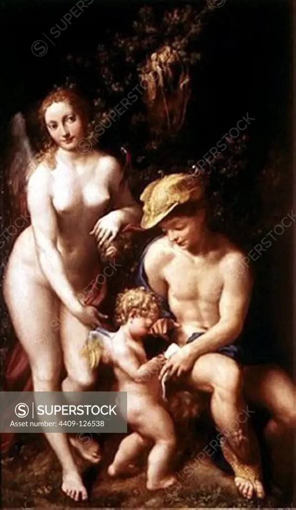 Venus with Mercury and Cupid ('The School of Love') - 1525 - 155,6x91,4 cm - oil on canvas. Author: CORREGGIO, ANTONIO DA. Location: NATIONAL GALLERY, LONDON, ENGLAND. Also known as: MERCURIO INSTRUYE A CUPIDO DELANTE VENUS-LA ESCUELA DEL AMOR.