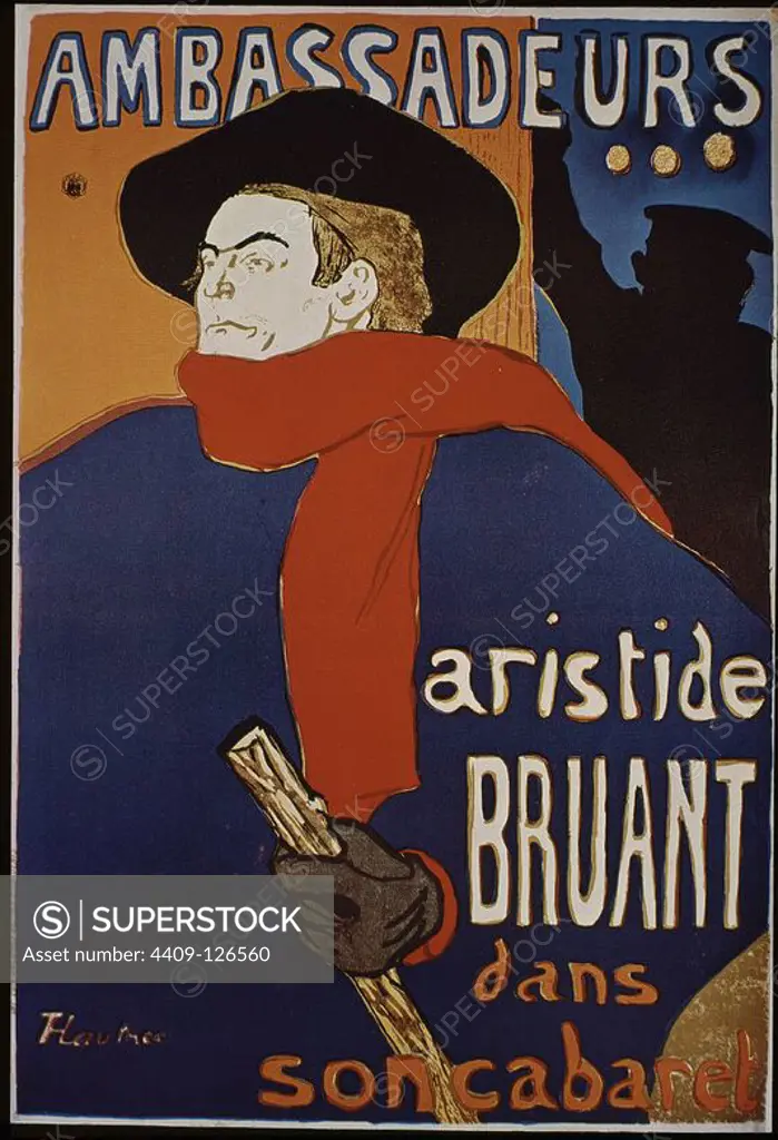 Poster advertising Aristide Bruant in his cabaret at the Ambassadeurs - 1892 - 127x92 cm - lithograph. Author: Henri Marie Raymond de Toulouse-Lautrec. Location: PRIVATE COLLECTION. France.