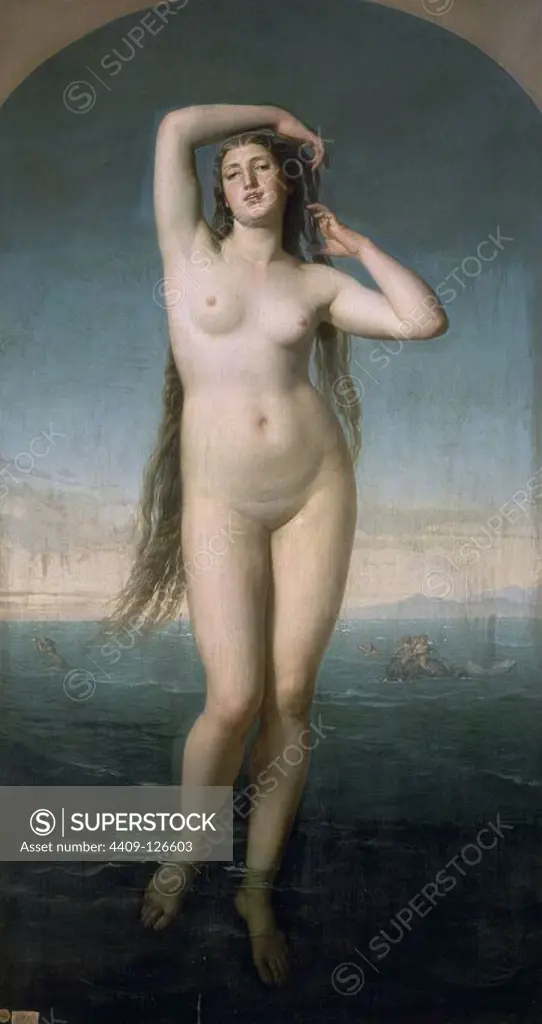 'Venus Anadyomenes', 1858, Oil on canvas, 225 x 119cm. Author: ANTONIO GISBERT (1834-1902). Location: ACADEMIA DE SAN FERNANDO-PINTURA. MADRID. SPAIN. VENUS DIOSA ROMANA.