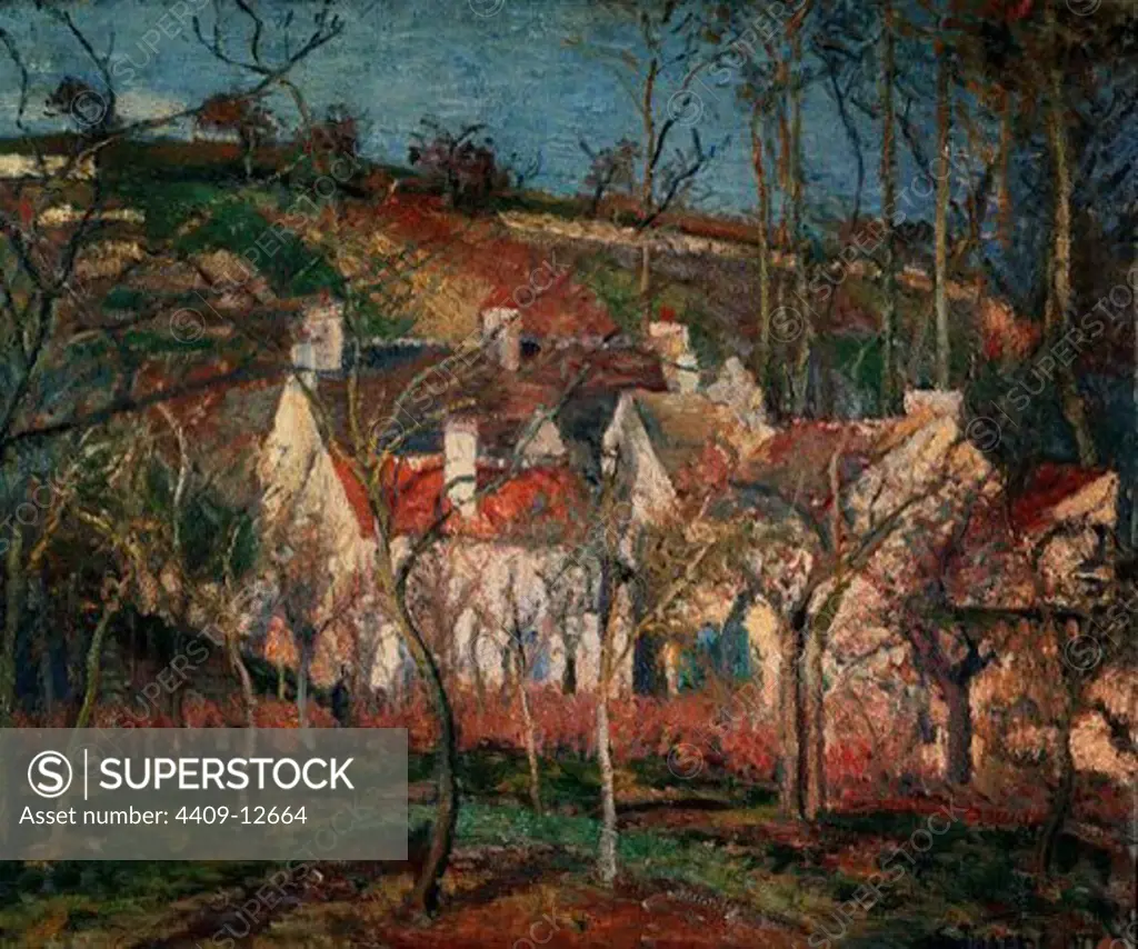 The Red Roofs, or Corner of a Village, Winter - 1877 - 54,5x65,5 cm - oil on canvas. Author: PISSARRO, CAMILLE. Location: MUSEE D'ORSAY, PARIS, FRANCE. Also known as: LOS TECHOS ROJOS DEL PUEBLO EN INVIERNO.