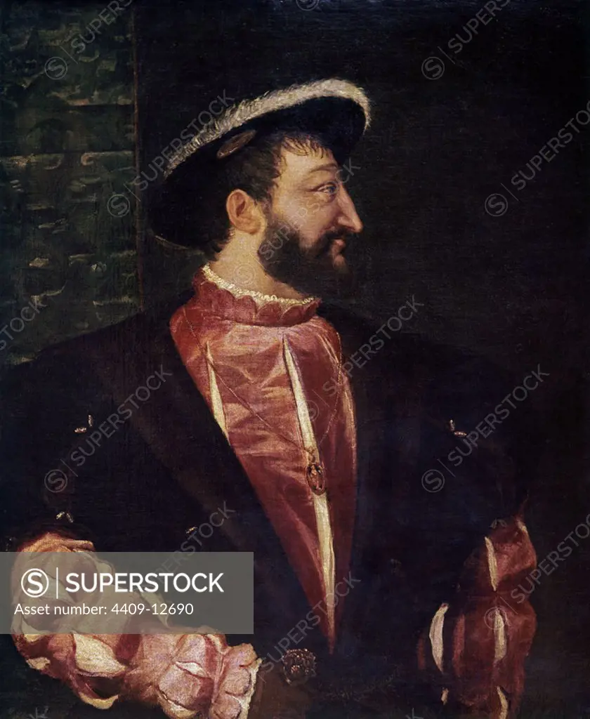 Portrait of Francis I - 1538 - 109x89 cm - oil on canvas. Author: TIZIANO VECELLIO DE GREGORIO-TICIANO-. Location: LOUVRE MUSEUM-PAINTINGS. France.