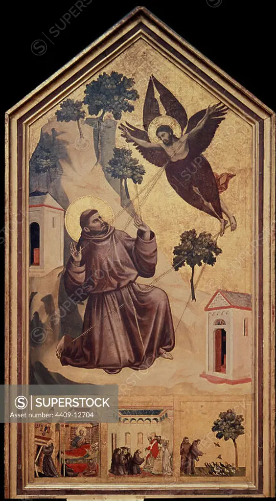 St. Francis Receiving the Stigmata -1300 - 314x162 cm - tempera on panel. Author: Giotto. Location: LOUVRE MUSEUM-PAINTINGS. France. SAN FRANCISCO DE ASIS.