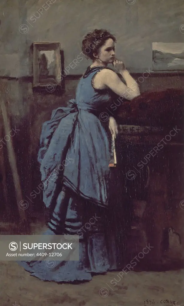 The Woman in Blue - 1874 - 80x50,5 cm - oil on canvas. Author: JEAN BAPTISTE CAMILE COROT. Location: LOUVRE MUSEUM-PAINTINGS. France.