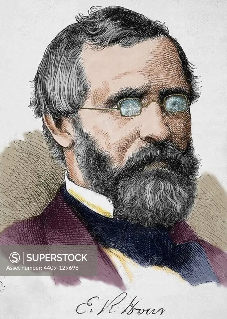 Ebenezer Rockwood Hoar (1816-1895). Was an influential American, lawyer, and justice from Massachusetts. He was appointed U.S. Attorney General in 1869 by President Ulysses S. Grant. Engraving by The Spanish and American Illustration, 1870. Colored.