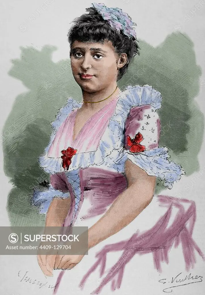 Maria Heilbronn (19th century). French comic opera singer. Engraving by C. Teaugeon. The Artistic Illustration, 1884. Colored.