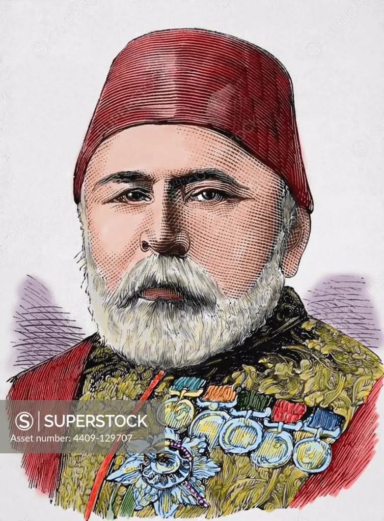 Hussein Awni pasha (1819 1876). Was a Turkish general and statesman. Engraving by Rico. The Spanish and American Illustration, 1876. Colored.