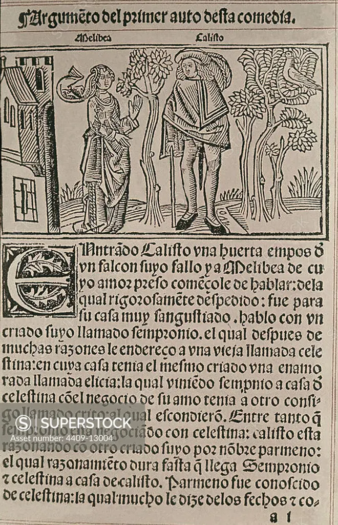 PORTADA DE LA CELESTINA - CALISTO Y MELIBEA EN EL PRINCIPIO DEL ACTO 1 - BURGOS, 1499. Author: ROJAS FERNANDO DE. Location: HISPANIC SOCIETY OF AMERICA. NEW YORK.