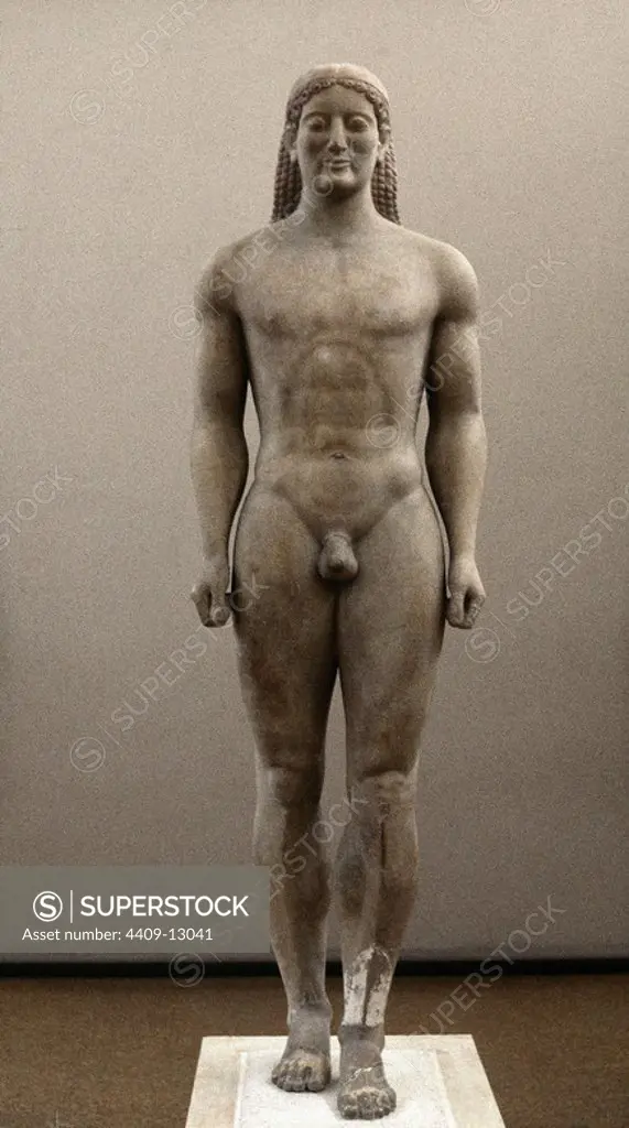 Statue of kouros (detail). Athens, national museum of archaeology. Location: MUSEO ARQUEOLOGICO-ESCULTURA. ATHENS. KOUROS DE ANAVISSOS / KOUROS DE KROISOS. KUROS DE ANAVISSOS / KUROS DE KROISOS.