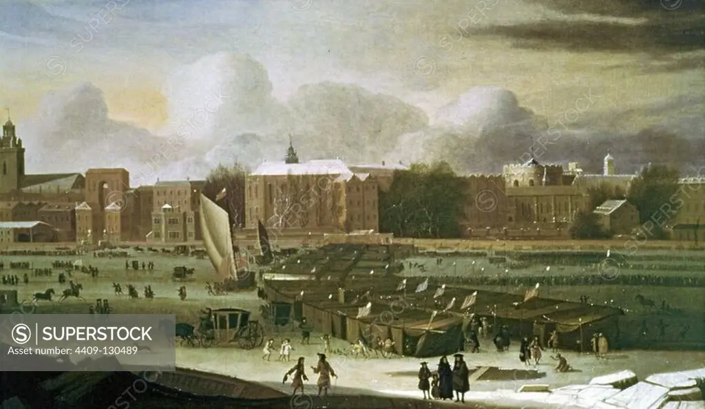Abraham Hondius / 'A Frost Fair on the Thames at Temple Stairs', 1684, Oil on canvas. Museum: London Museum, BERLIN, UK. jan Brueghel the Elder.