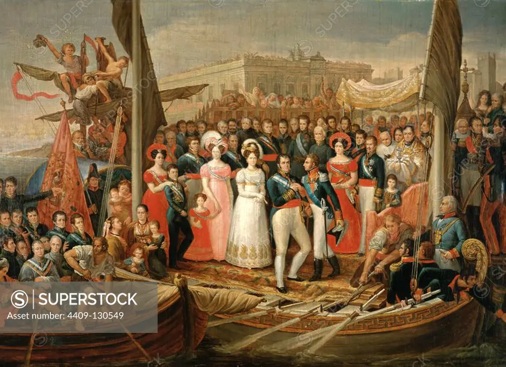 José Aparicio / 'The Boarding of Ferdinand VII in Puerto Santa Maria in October 1st, 1823', 1838, Oil on canvas, 110.5 x 142.7 cm. Museum: MUSEO ROMANTICO, MADRID, SPAIN. FERDINAND VII OF SPAIN. Maria Josepha Amalia of Saxony. LUIS ANTONIO DE FRANCIA.