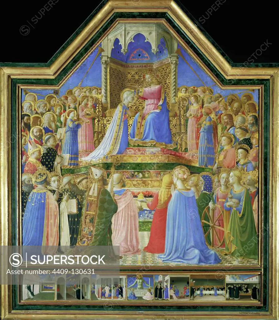Fra Angelico / 'Coronation of the Virgin', 1434-1435, Tempera on panel, 213 x 211 cm, Inv.314. Museum: MUSEE DU LOUVRE, BUDAPEST, France. VIRGIN MARY.