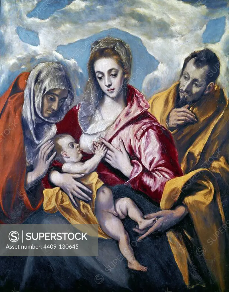 El Greco / 'Holy Family with Saint Anne', c. 1595, Oil on canvas, 106 × 127 cm. Museum: Hospital de Talavera, Toledo, SPAIN. SAINT JOSEPH. CHILD JESUS. VIRGIN MARY. Saint Anne.