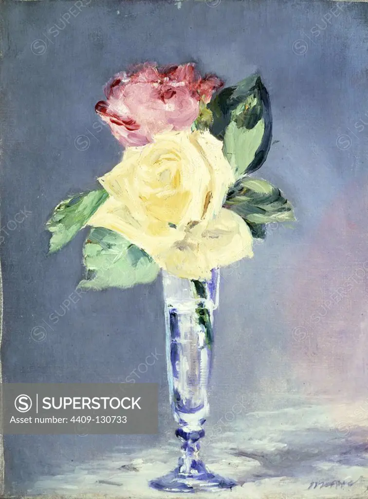 Édouard Manet / 'Roses in a Champagne Glass', c. 1882, Oil on canvas, 32.4 × 24.8 cm. Museum: COLECCION PRIVADA.