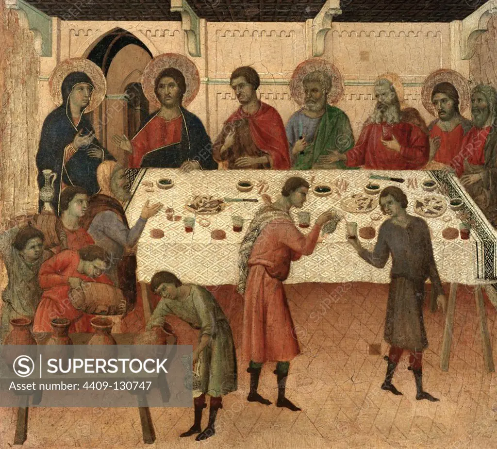Duccio di Buoninsegna / 'Maestà - Public Life of Christ: The Wedding Feast of Cana', 1308-1311, Tempera and gold on wood, 43.5 x 46.5 cm. Museum: Museo dell'Opera del Duomo, SIENA, ITALIA. JESUS. VIRGIN MARY.