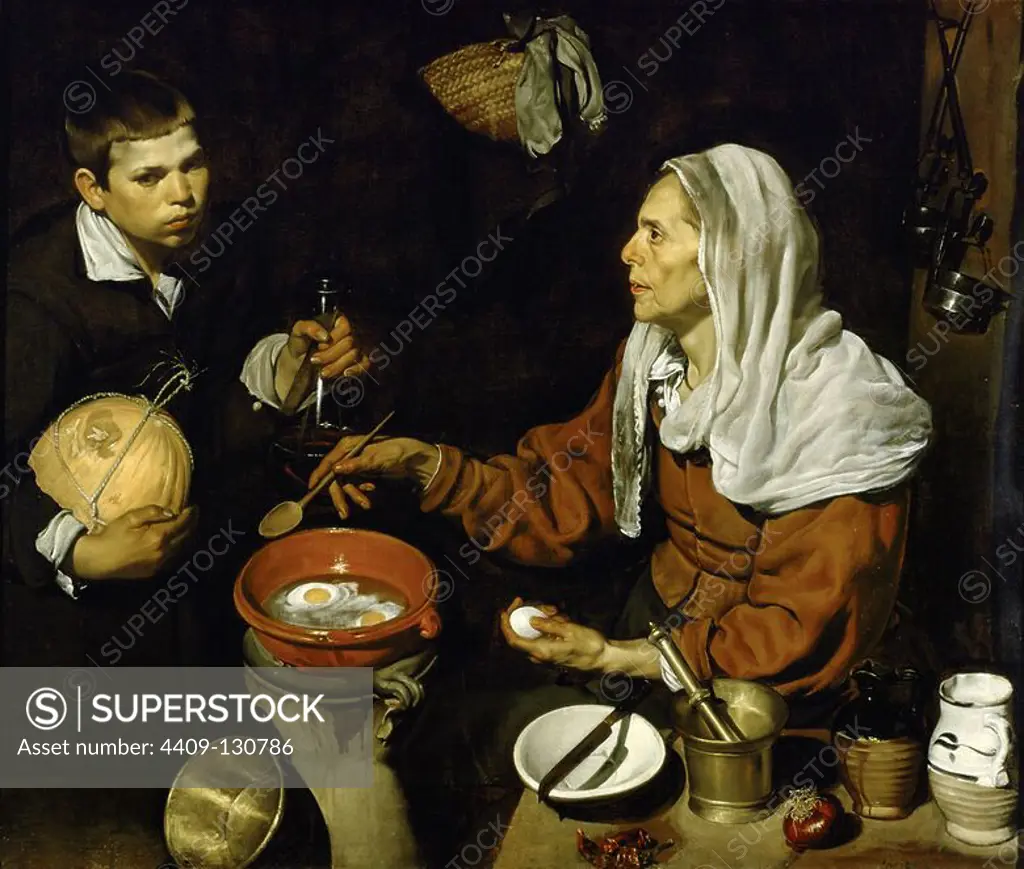 Diego Velázquez / 'Old Woman Cooking Eggs', 1618, Oil on canvas, 99 × 169 cm. Museum: NATIONAL GALLERY OF SCOTLAND, EDIMBURGO, UK.
